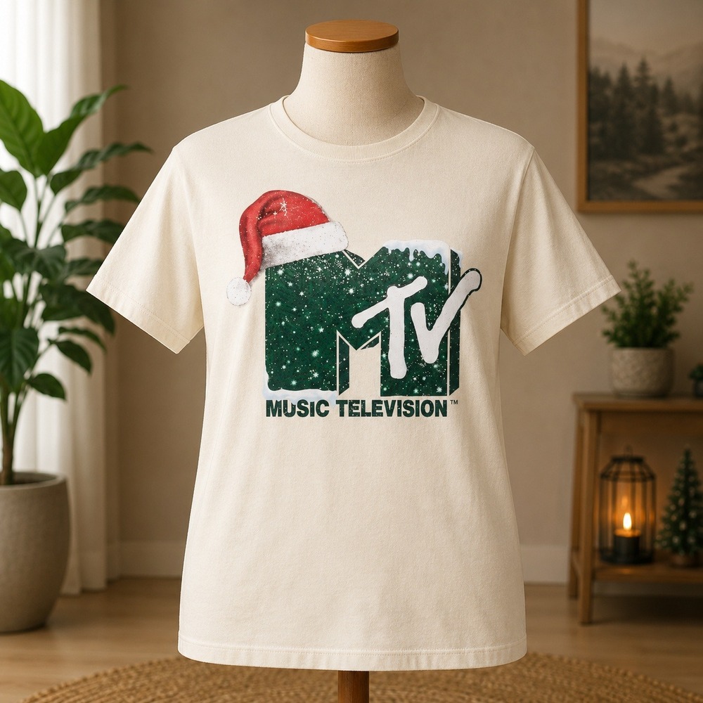 NWT MTV T-Shirt Mens Small Beige Christmas Santa Hat Logo Graphic Tee Holiday
